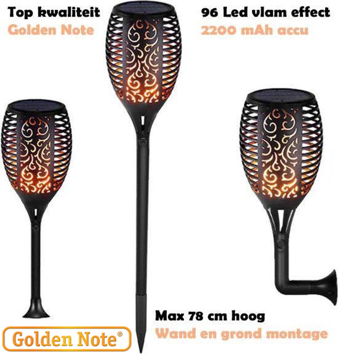 Golden Note 3x Solar Vlam Fakkel 96 Led tuinlamp 78cm zonne-energie tuinverlichting incl. wand en grond montage