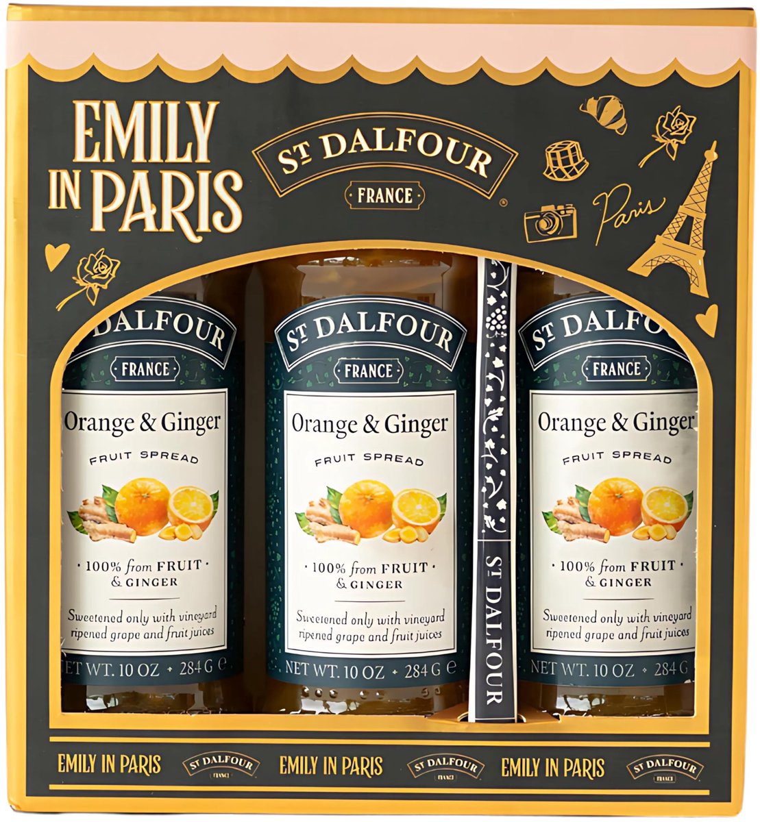 St. Dalfour Confiture Cadeauset – Emily in Paris Editie – 100% fruit, zonder toegevoegde suiker, glutenvrij – 3x284g (Sinaasappel en Gember) met lepel
