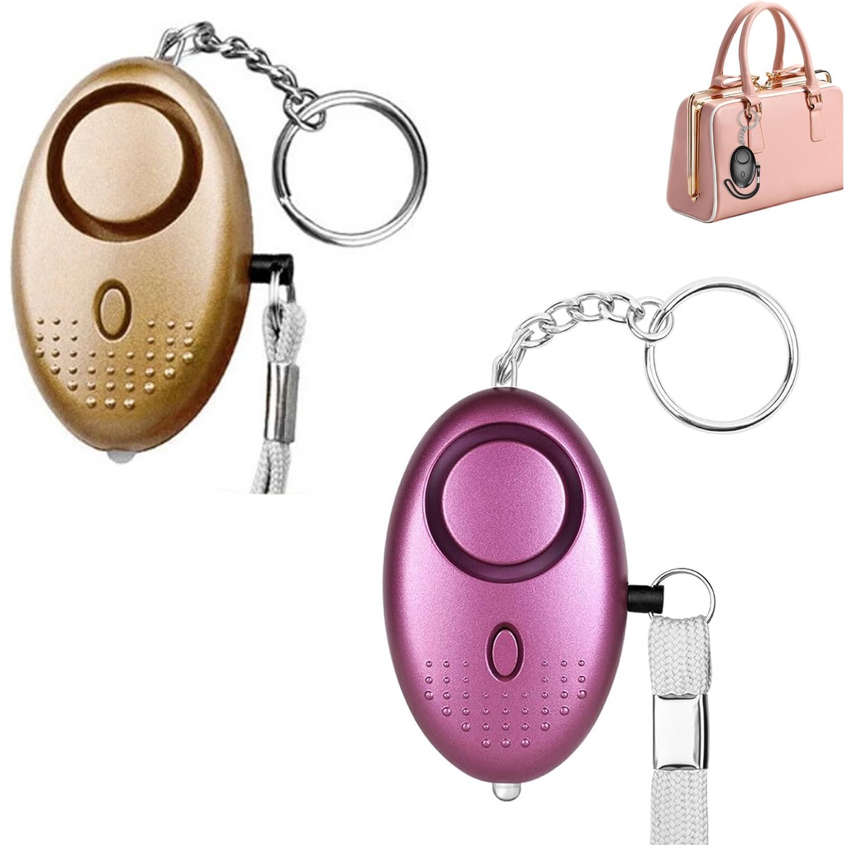 4 Stuks - 140 dB - Persoonlijke Alarm - Met LED Zaklamp En Sleutelhanger - Persoonlijk Zakalarm - Pepperspray - Paniekalarm - Anti Wolf Fluitje - Sleutelhanger - Voor Vrouwen, Meisjes En Ouderen - Verjagen/Afschrikken/Zelfverdediging - Goud & Paars