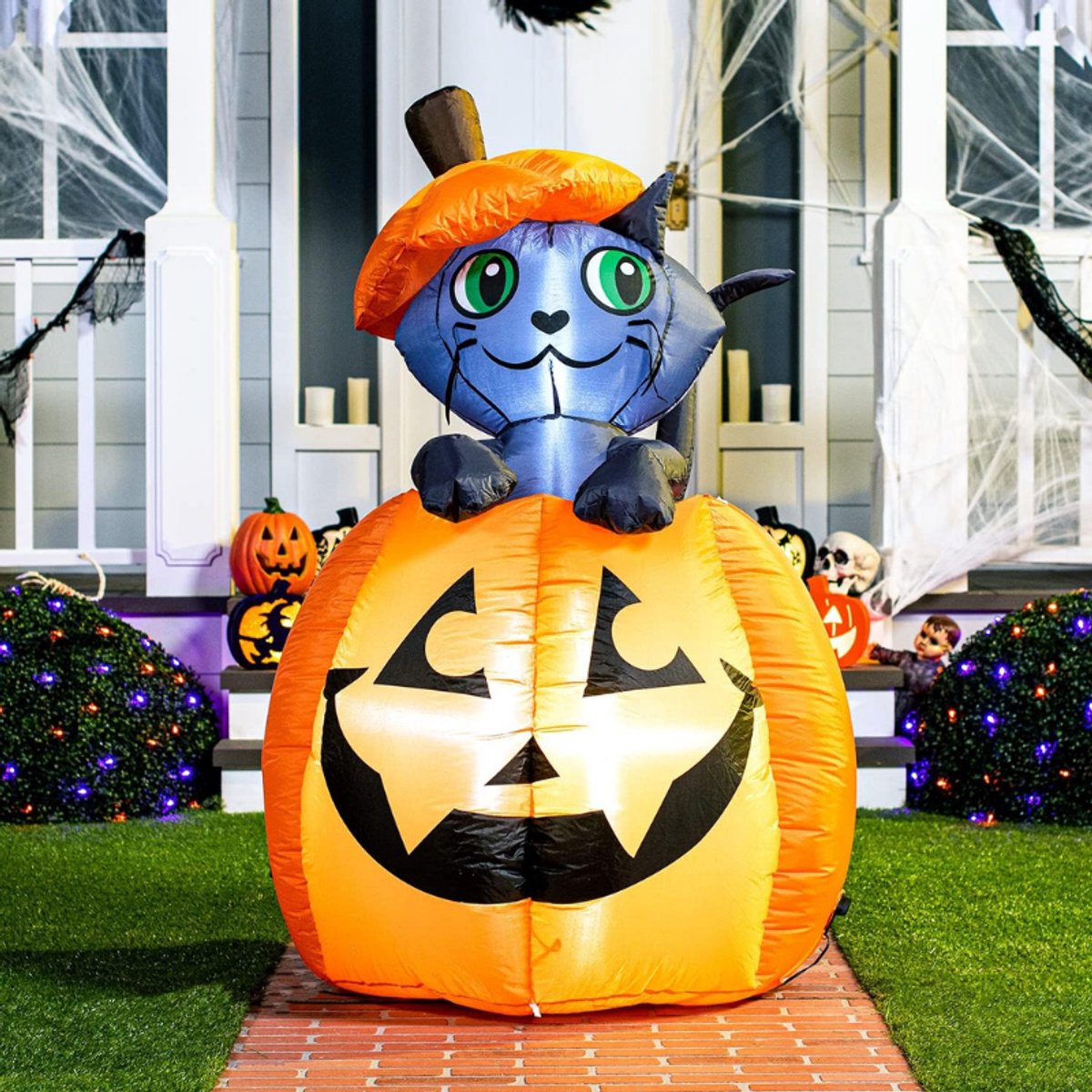 1,5 Meter Lange Opblaasbare Halloween Kat Op Pompoen - Geanimeerde Tuindecoratie Met Ingebouwde LED's - Halloween Feestversiering Voor Buiten-En Binnen