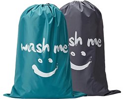 DW4Trading Waszakken XL 43x70cm met Trekkoord 2 Stuks Wash Me Blauw en Grijs - Wasgoed - Opbergtas