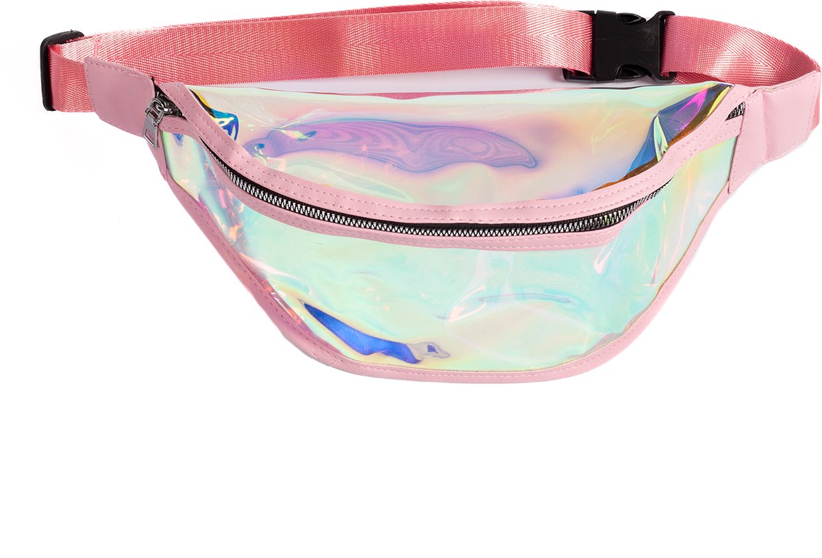 KIMU Grote Transparante Iridescent Heuptas Lichtroze Holografisch Fanny Pack Festival