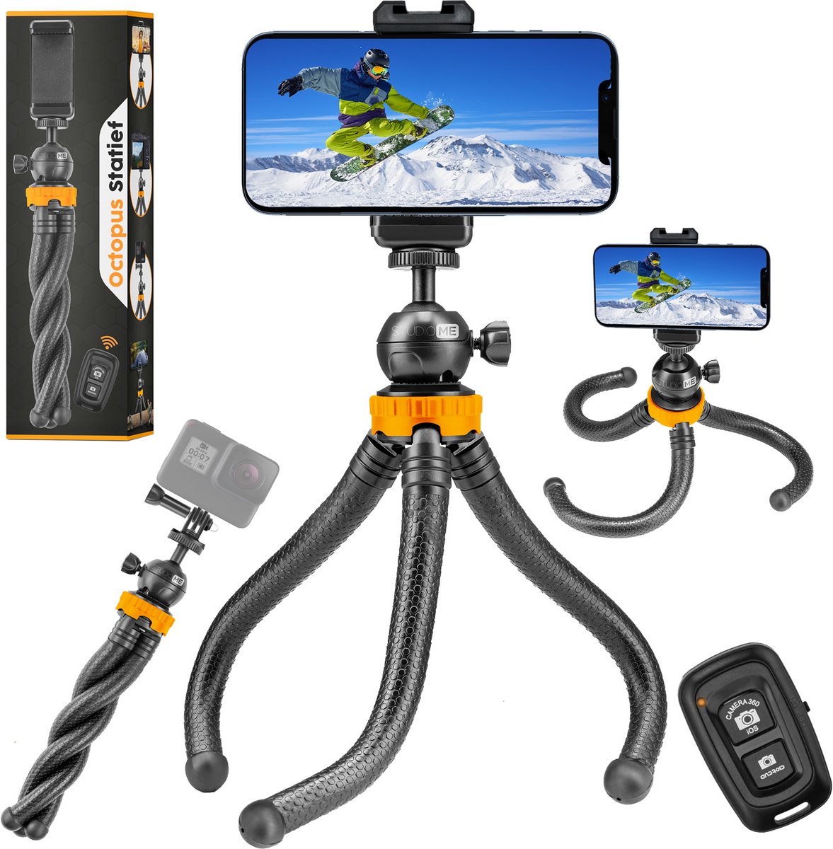 Studio ME Telefoon Statief - 25 cm - Tripod Smartphone - Flexibel - Zwart - Gorillapod - Telefoonhouder - Incl. Bluetooth Afstandsbediening - Tripod Iphone - Statief Telefoon