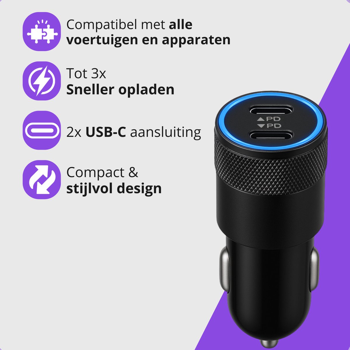 VeryGoods Auto Oplader USB C - Autolader met 2 USB-C Poorten - Tot 3x sneller opladen - Snellader 12V - Sigarettenaansteker Splitter Adapter - USB C Autolader - Zwart thumbnail 3