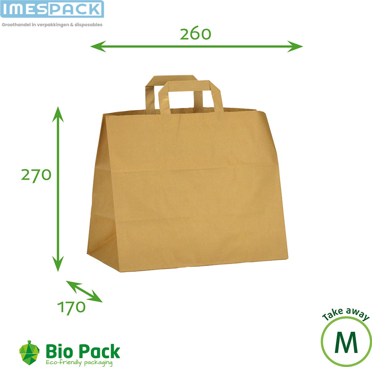 Draagtas papier - 50 stuk - Middel - Bruin - Kraft - 26+17x27cm - IMES