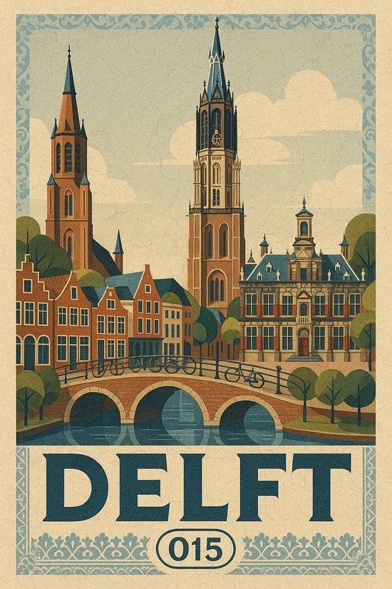 Delft Poster - Steden Posters - Nederland - Tekst - Nieuwe Kerk - Oude Kerk - Wanddecoratie Woonkamer - 180 gram papier - S6648WV - Formaat 50 x 70cm