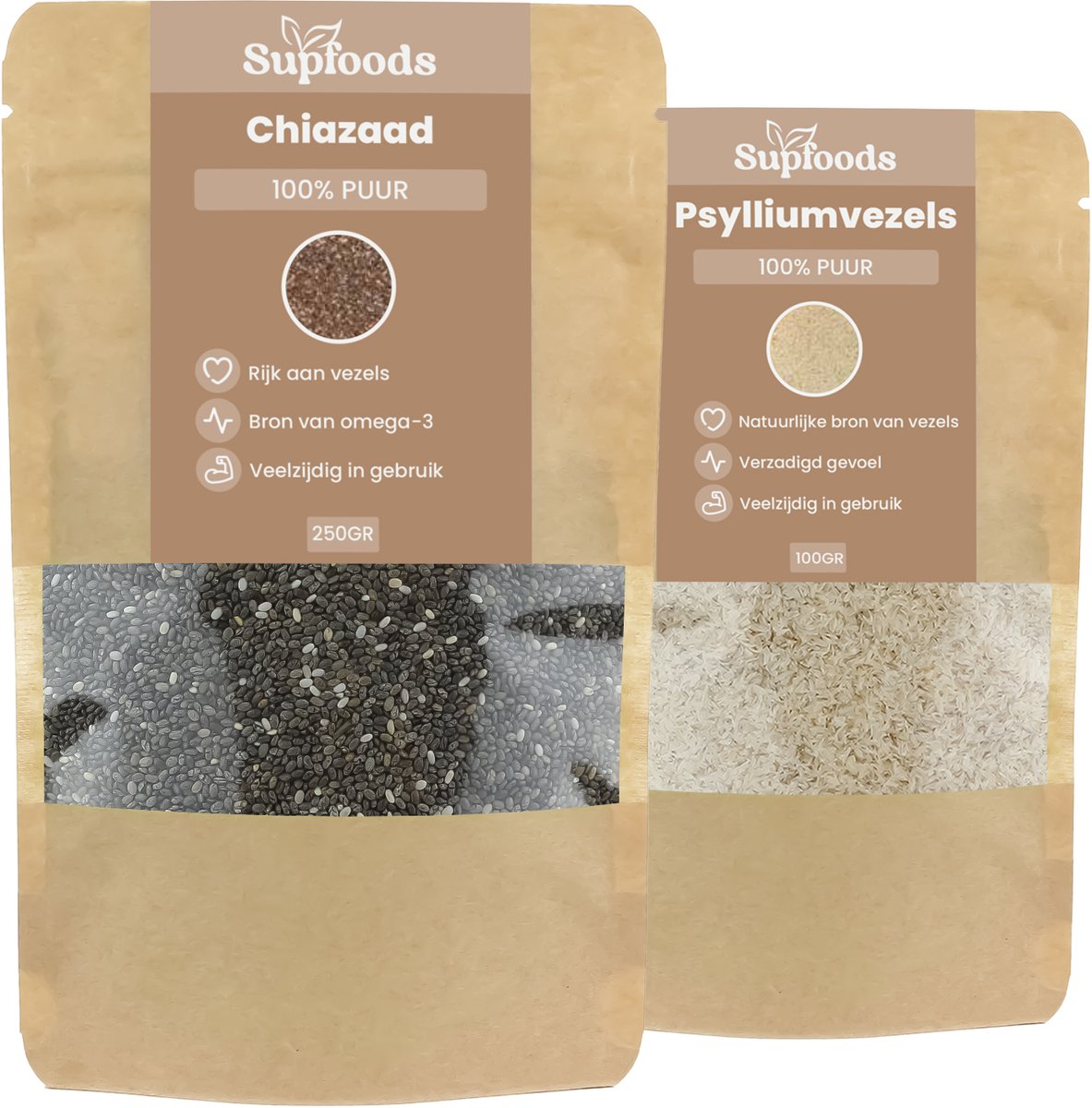 Superfood Bundel - Psylliumvezels 150g & Chiazaad 250g - Vezelrijk, 100% Puur & Onbewerkt - Psyllium Husk - Chia Seeds
