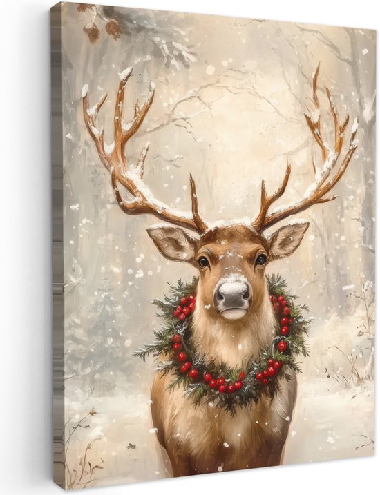 Tableau jardin extérieur 70x100 cm - Décoration de jardin Noël - Renne - Hiver - Couronne - Poster jardin sur toile - Décoration murale Jardin - Décoration tableau extérieur - Décoration mur clôture - Toile extérieur