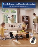 Een gezin in een woonkamer gebruikt de 5-in-1 reiniger in de woonkamer, met de tekst '5-in-1 slimme multifunctionele reiniger' bovenaan.