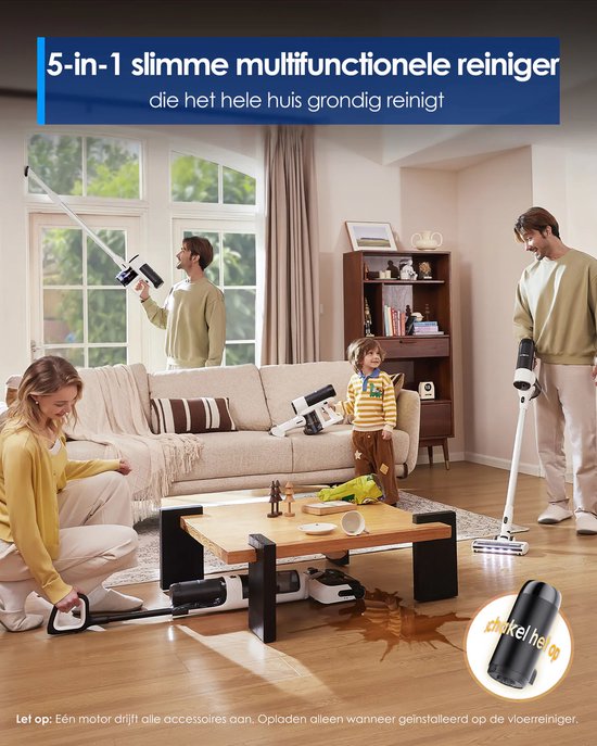 Een gezin in een woonkamer gebruikt de 5-in-1 reiniger in de woonkamer, met de tekst '5-in-1 slimme multifunctionele reiniger' bovenaan.