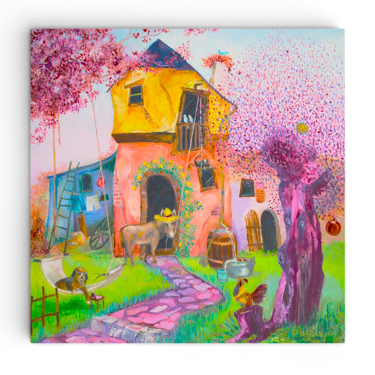 Wanddecoratie meisjeskamer - Sprookje Bremer Stadsmuzikanten - Canvas muurdecoratie 30x30cm - Kinderkamer cadeau - Muurdecoratie kinderen en meisjeskamer - Twinkelschilderijen | Incl. GRATIS ophangsysteem |