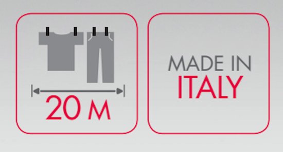 Iconen met een t-shirt en broek, 20 meter drooglengte en 'Made in Italy'.