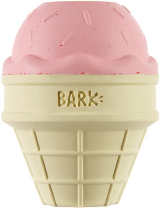 Roze ijsje met spikkels en gele wafel, met het woord 'BARK'.