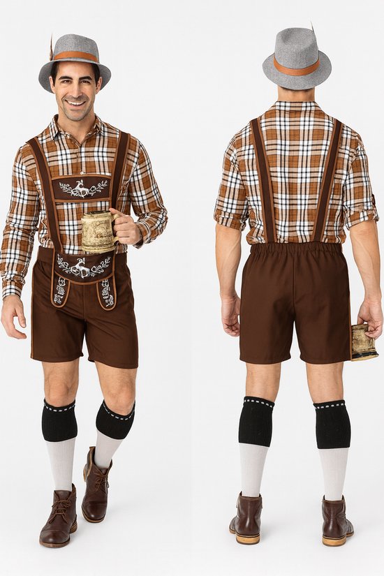 Costume Oktoberfest - Lederhosen - Chemisier - Chemise - Carreaux - Pantalon - Chapeau - Oktoberfest - Tyrolien - Homme - Hommes - Set - Marron - Wit - L