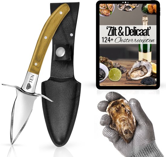 TEN® Signature Oestermes 2.0 - Inclusief RVS Oesterhandschoen en 124 Oesterrecepten eBook - Geel