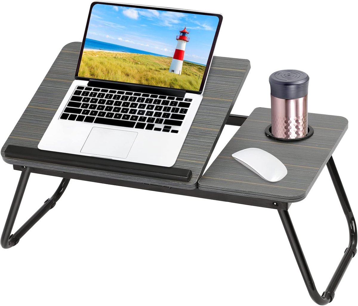 Opvouwbare laptoptafel, 55 x 32 x 25 cm, tablettafel, bedtafel, beddienblad, notebooktafel, laptoptafel met bekerhouder voor lezen of ontbijt, zwart
