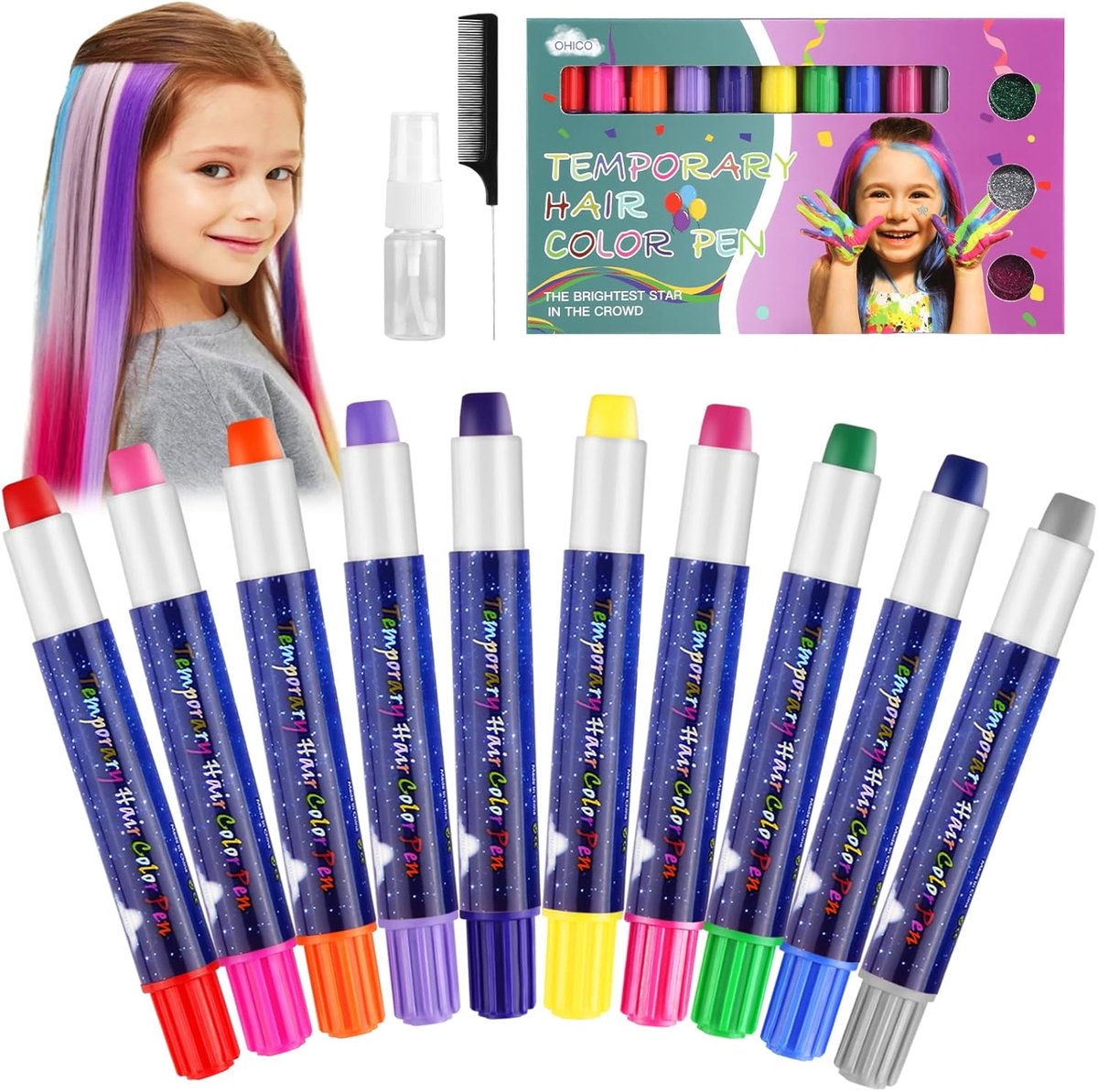 10 Kleuren Haarkrijt - Tijdelijke Haarverf Potloden voor Kinderen - Niet Giftig en Uitwasbaar - Haar Krijt voor Meisjes met Kam en Sprayfles - Haarverf Pennen voor Tijdelijke Kleuring