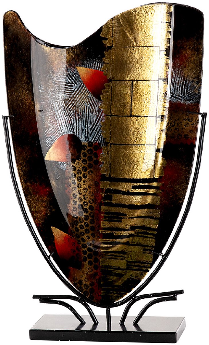 Glazen vaas - 59,5 cm hoog - glas zwart/goud - met standaard - decoratief glaswerk