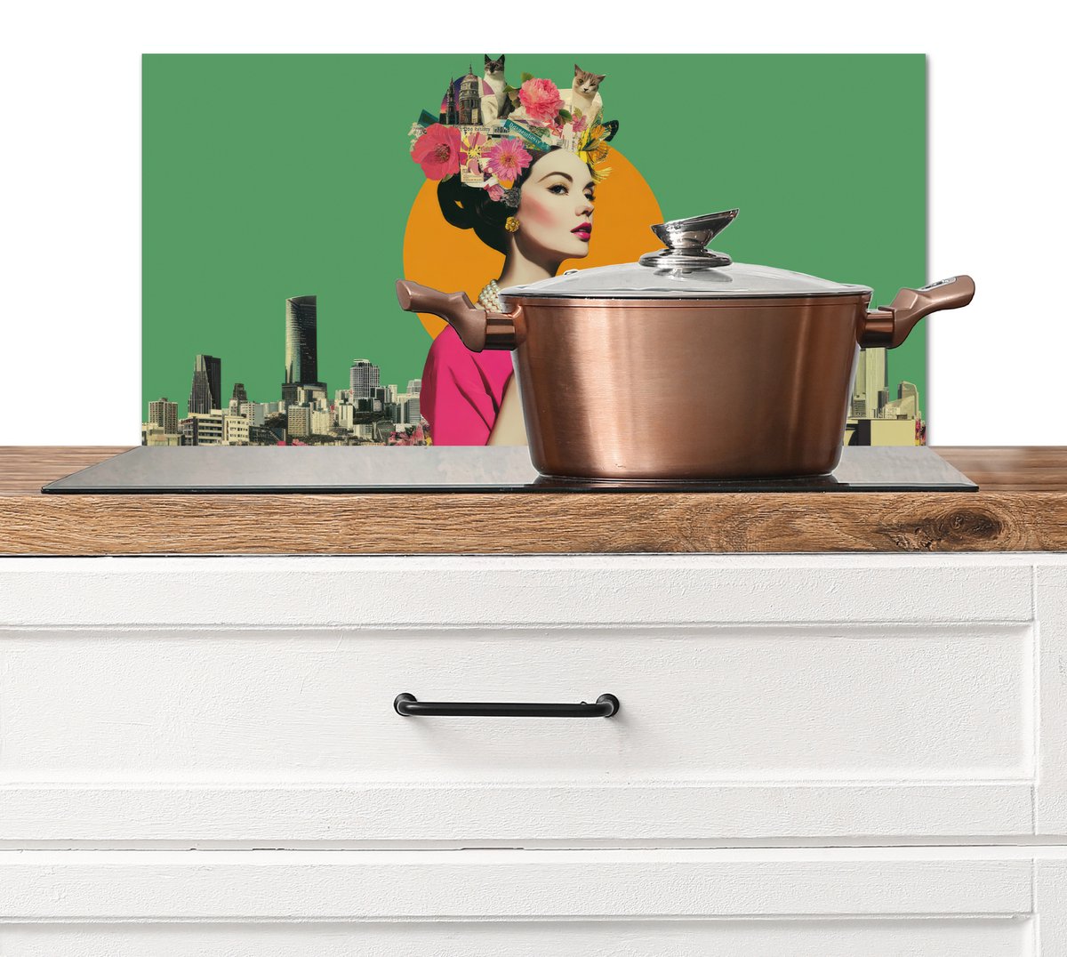Spatscherm keuken 60x30 cm - Kookplaat achterwand Retro - Vrouw - Stad - Zon - Muurbeschermer - Spatwand fornuis - Hoogwaardig aluminium