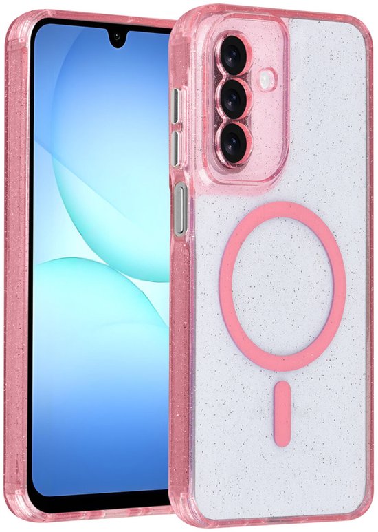 Roze glitter telefoonhoesje met transparante achterkant en MagSafe-compatibele ring. Slanke bescherming met perfecte pasvorm.