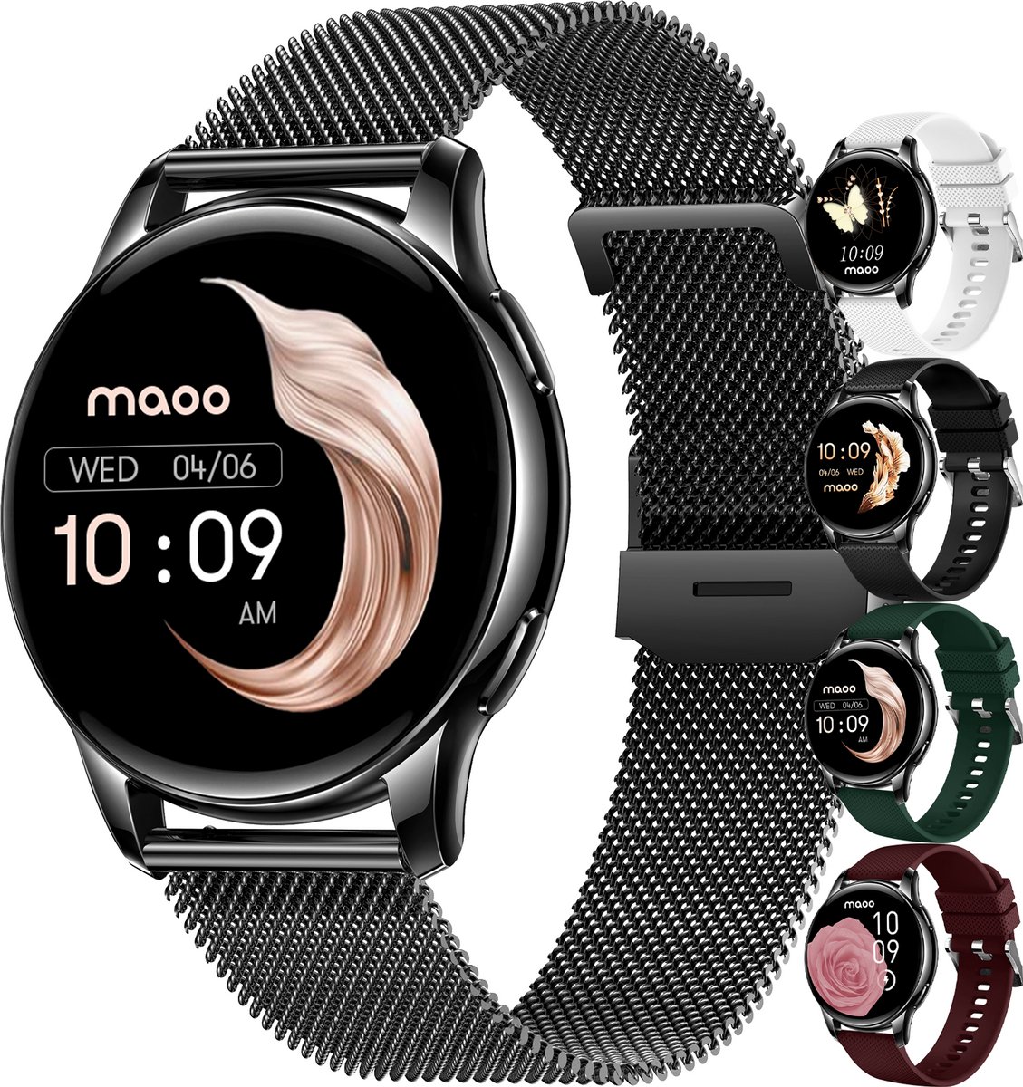 Maoo Ventura AMOLED Smartwatch Dames - RVS en Siliconen Bandje - Stappenteller - Hartslagmeter - Slaapmonitor - Multisport - Geschikt voor Android en iOS - Zwart