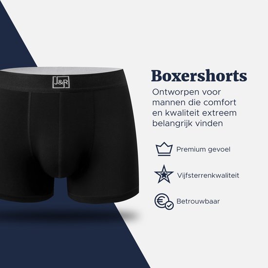 Zwarte katoenen boxershort met J&R logo op de tailleband. Tekst over premium gevoel en kwaliteit.