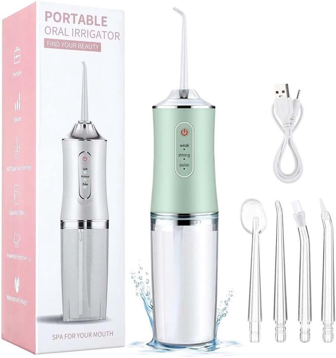Waterflosser - Monddouche Elektrisch - Neusdouche - Monddouche - Flosapparaat - Draagbare waterflosser - 300 ml - 3 standen - 4 Opzetstukjes - Geschikt voor reizen, beugels thuis en brugverzorging - Kerstcadeau - Groente