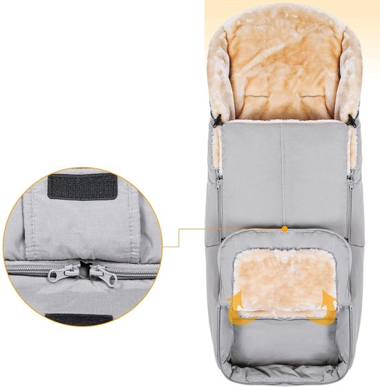 Voetenzak buggy, kunstmatige lamsvacht voetenzak kinderwagen baby winter met ritssluiting, afneembaar, universeel en waterdicht, machinewasbaar, lichtgrijs — afbeelding 4