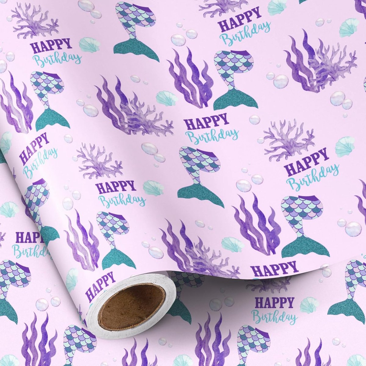 Zeemeermin verjaardag inpakpapierrol - mini-rol - paars onder de zee ontwerp met zeemeerminstaart - koralen - "Make a Splash" tekst - geschenkverpakking voor meisjes - kinderverjaardagsfeestje
