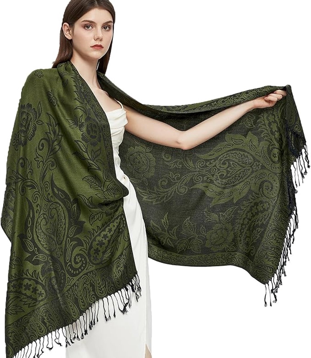 Pashmina sjaal wrap met etnische paisley Two Tone Jacquard sjaal voor dames - lengte 180 cm met franjes (10 cm franjes aan elke kant), breedte: 60 cm - Paisley-groen
