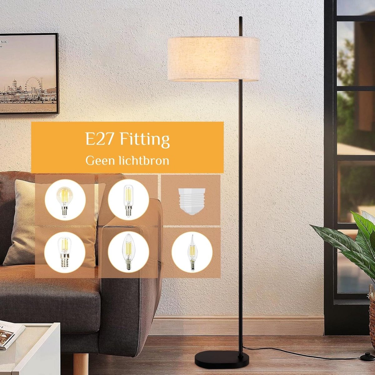 Glitzerlife Vloerlamp Zwart Vintage Retro Industrieel - Met Stoffen Kap E27 Fitting - Leeslamp met Voetschakelaar - Exclusief Lichtbron - Voor Woonkamer, Slaapkamer, Werkkamer & Kantoor thumbnail 5