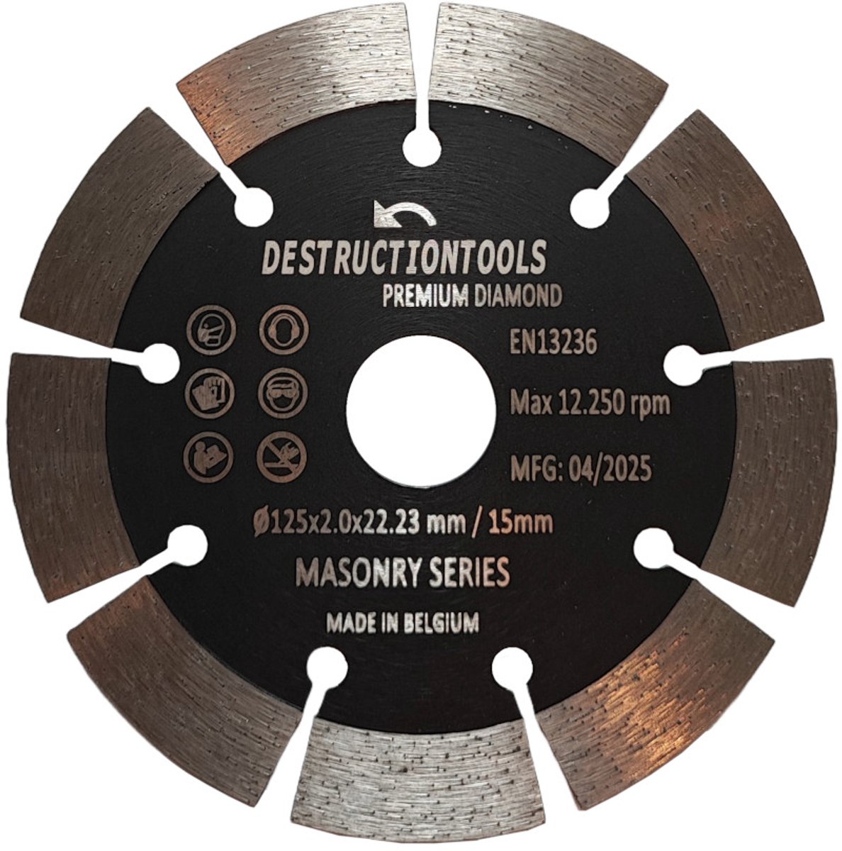 Destructiontools diamant zaagblad 125mm voor haakse slijper – droog snijden in beton, steen & baksteen – asgat 22,23 mm | Masonry Series