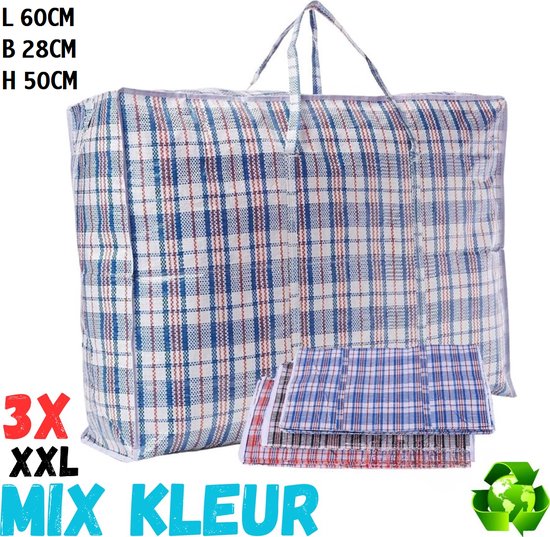 Foto: Opbergtas 3 stuks maat xxl mix kleuren big shopper reistas extra groot grote boodschappentas zak geruit mega tas wastas boodschappentas met rits