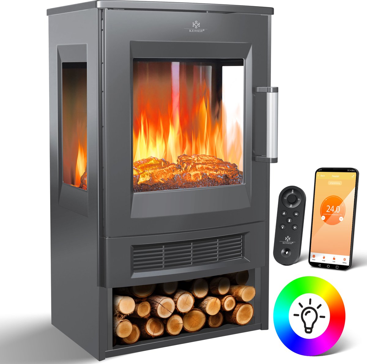 KESSER® Sfeerhaard Elektrische Haard met Ventilatorkachel, Thermostaat & WiFi, APP, Afstandsbediening - Elektrische Verwarming Heater met 2 Warmte Standen 900/1800W Elektrische Kachel , LED Vlam Effect 9 Kleur Modi, Timer - Antraciet