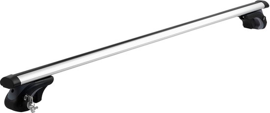 Barre de toit argentée avec embouts noirs et pieds de fixation, avec une clé.