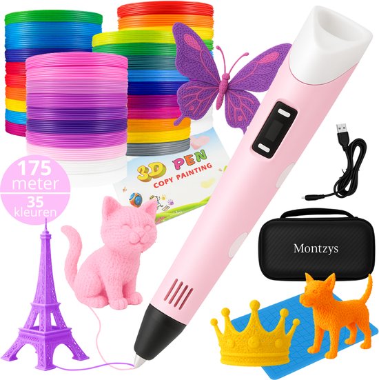 Set de stylos 3D Montzys® - Filament de 175 mètres et 35 couleurs - Pack de démarrage avancé - Jouets - Comprend un tapis de dessin, un livret d'échantillons et une boîte de rangement - Dessin