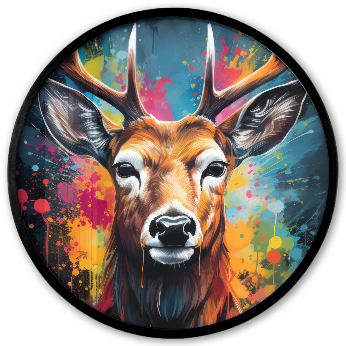 FrameYourWall Poster in lijst Rond - Fotolijst 40x40 cm - Posters - Hert - Graffiti - Dieren - Kleuren - Ronde posterlijst zwart - Decoratie - Wanddecoratie woonkamer - Muurdecoratie slaapkamer Multi