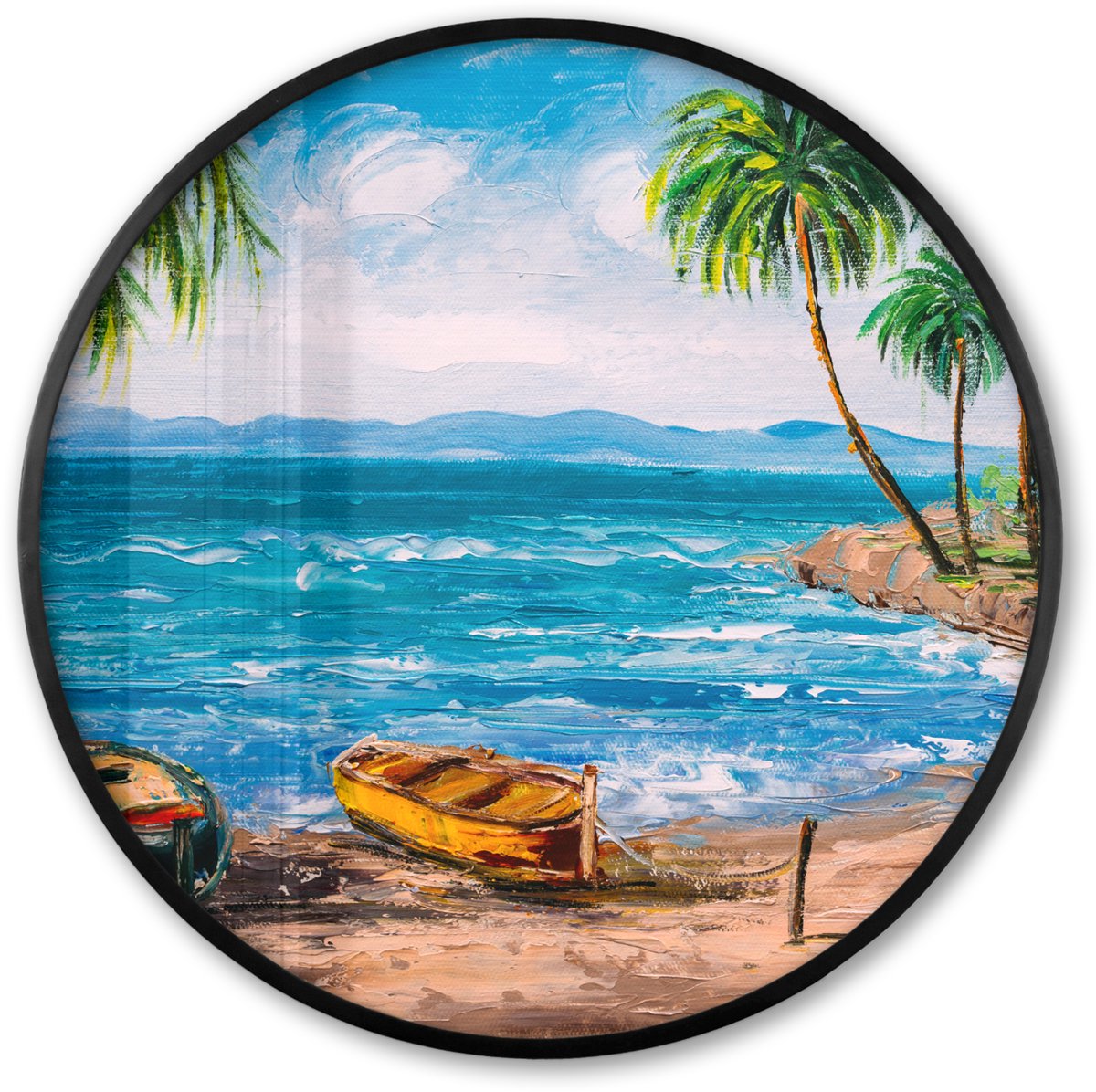 FrameYourWall Poster in lijst Rond - Fotolijst 80x80 cm - Posters - Schilderij - Olieverf - Strand - Palmboom - Boot - Ronde posterlijst zwart - Decoratie - Wanddecoratie woonkamer - Muurdecoratie slaapkamer Multicolor