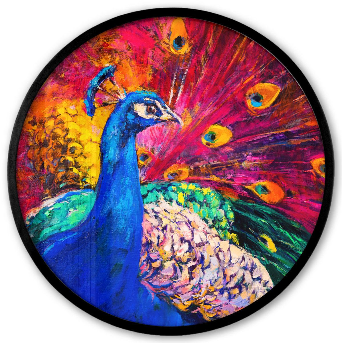 FrameYourWall Poster in lijst Rond - Fotolijst 40x40 cm - Posters - Schilderij - Vogel - Pauw - Olieverf - Ronde posterlijst zwart - Decoratie - Wanddecoratie woonkamer - Muurdecoratie slaapkamer Multicolor