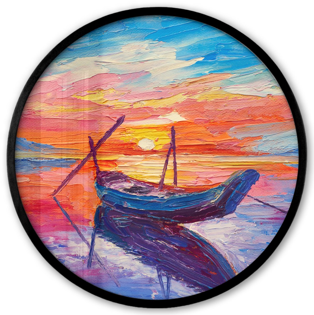 FrameYourWall Poster in lijst Rond - Fotolijst 40x40 cm - Posters - Schilderij - Boot - Olieverf - Water - Ronde posterlijst zwart - Decoratie - Wanddecoratie woonkamer - Muurdecoratie slaapkamer Multicolor