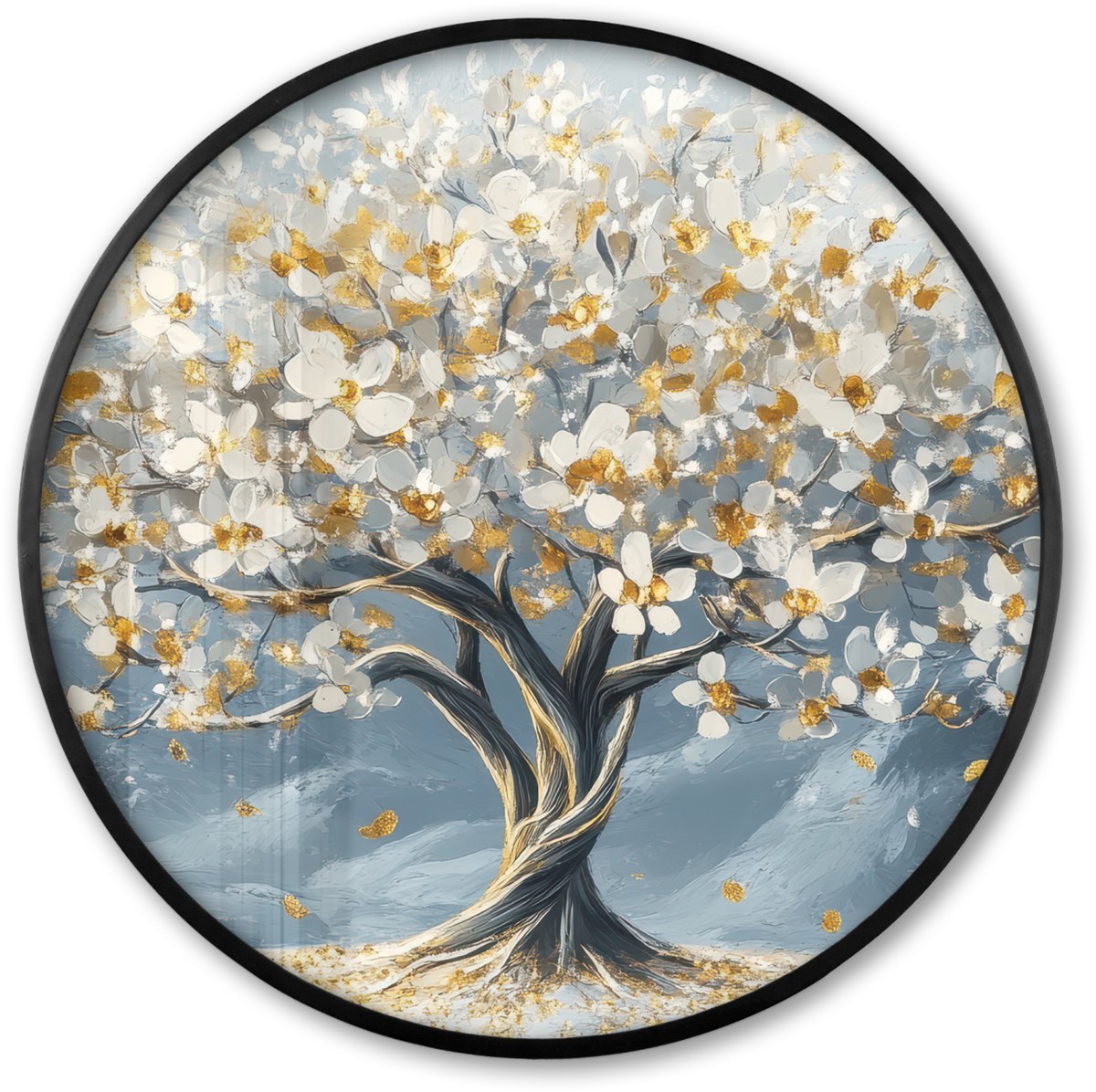 FrameYourWall Poster in lijst Rond - Fotolijst 80x80 cm - Posters - Boom - Winter - Levensboom - Modern - Goud - Ronde posterlijst zwart - Decoratie - Wanddecoratie woonkamer - Muurdecoratie slaapkamer