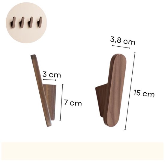 Afmetingen van houten wandhaken: 15 cm hoog, 3,8 cm breed, 7 cm diep.