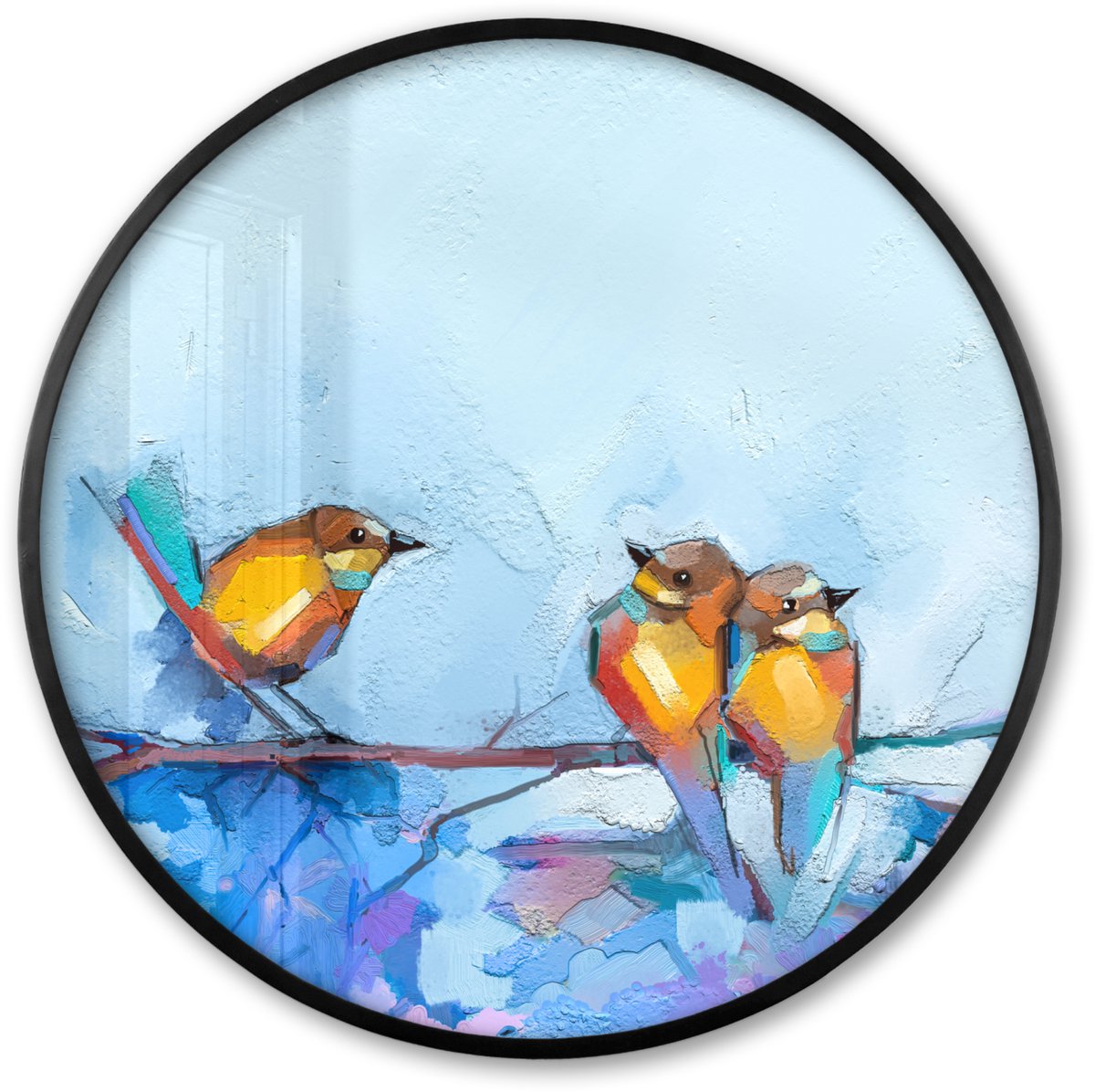 FrameYourWall Poster in lijst Rond - Fotolijst 80x80 cm - Posters - Schilderij - Olieverf - Vogel - Tak - Ronde posterlijst zwart - Decoratie - Wanddecoratie woonkamer - Muurdecoratie slaapkamer Multicolor