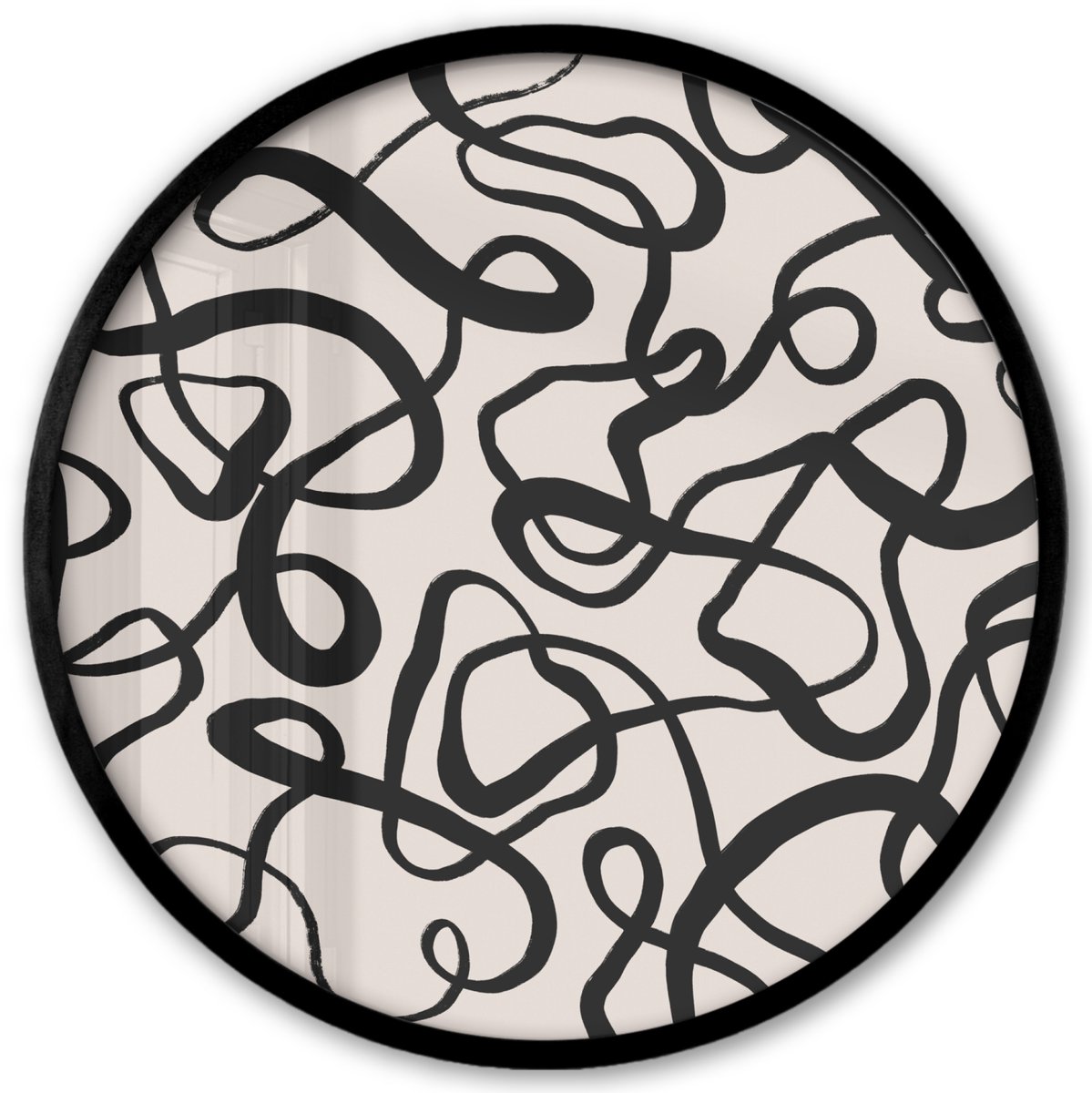 FrameYourWall Poster in lijst Rond - Fotolijst 40x40 cm - Posters - Lijnen - Kunst - Zwart - Beige - Ronde posterlijst zwart - Decoratie - Wanddecoratie woonkamer - Muurdecoratie slaapkamer Lijntjes