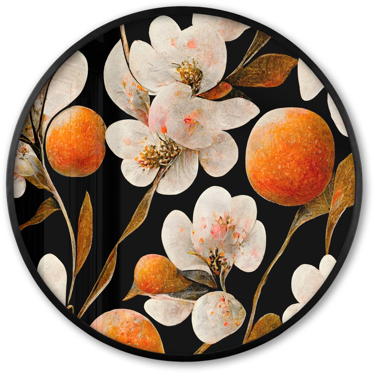 FrameYourWall Poster in lijst Rond - Fotolijst 80x80 cm - Posters - Bloemen - Wit - Oranje - Natuur - Ronde posterlijst zwart - Decoratie - Wanddecoratie woonkamer - Muurdecoratie slaapkamer