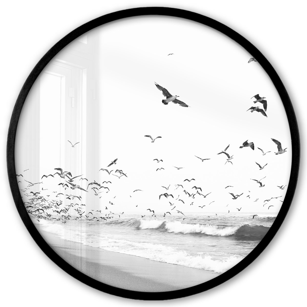 FrameYourWall Poster in lijst Rond - Fotolijst 40x40 cm - Posters - Strand - Zee - Golven - Vogels - Natuur - Ronde posterlijst zwart - Decoratie - Wanddecoratie woonkamer - Muurdecoratie slaapkamer Multicolor