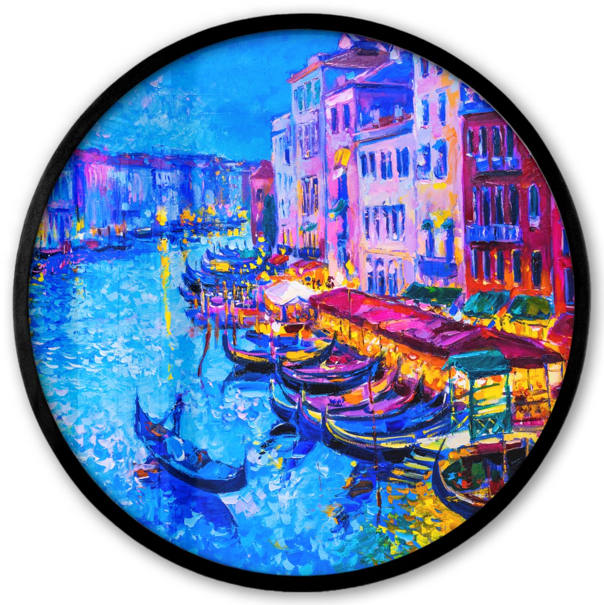 FrameYourWall Poster in lijst Rond - Fotolijst 40x40 cm - Posters - Schilderij - Italië - Boot - Water - Architectuur - Ronde posterlijst zwart - Decoratie - Wanddecoratie woonkamer - Muurdecoratie slaapkamer Multicolor