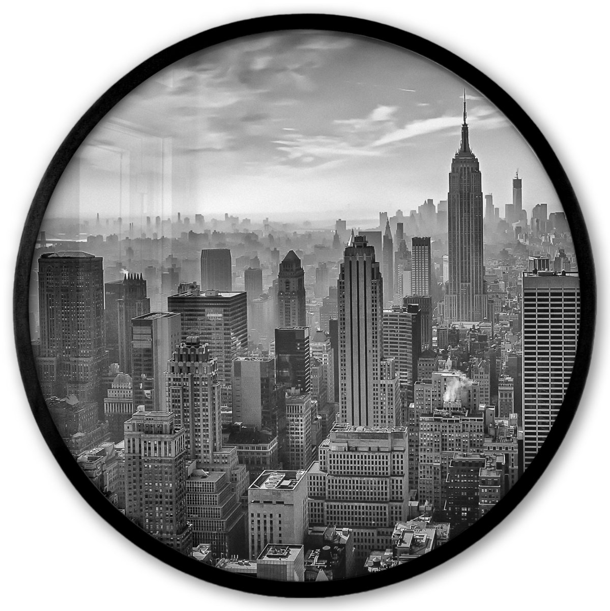 FrameYourWall Poster in lijst Rond - Fotolijst 40x40 cm - Posters - Architectuur - Zwart wit - Stad - Skyline - New York - Ronde posterlijst zwart - Decoratie - Wanddecoratie woonkamer - Muurdecoratie slaapkamer New York - Skyline