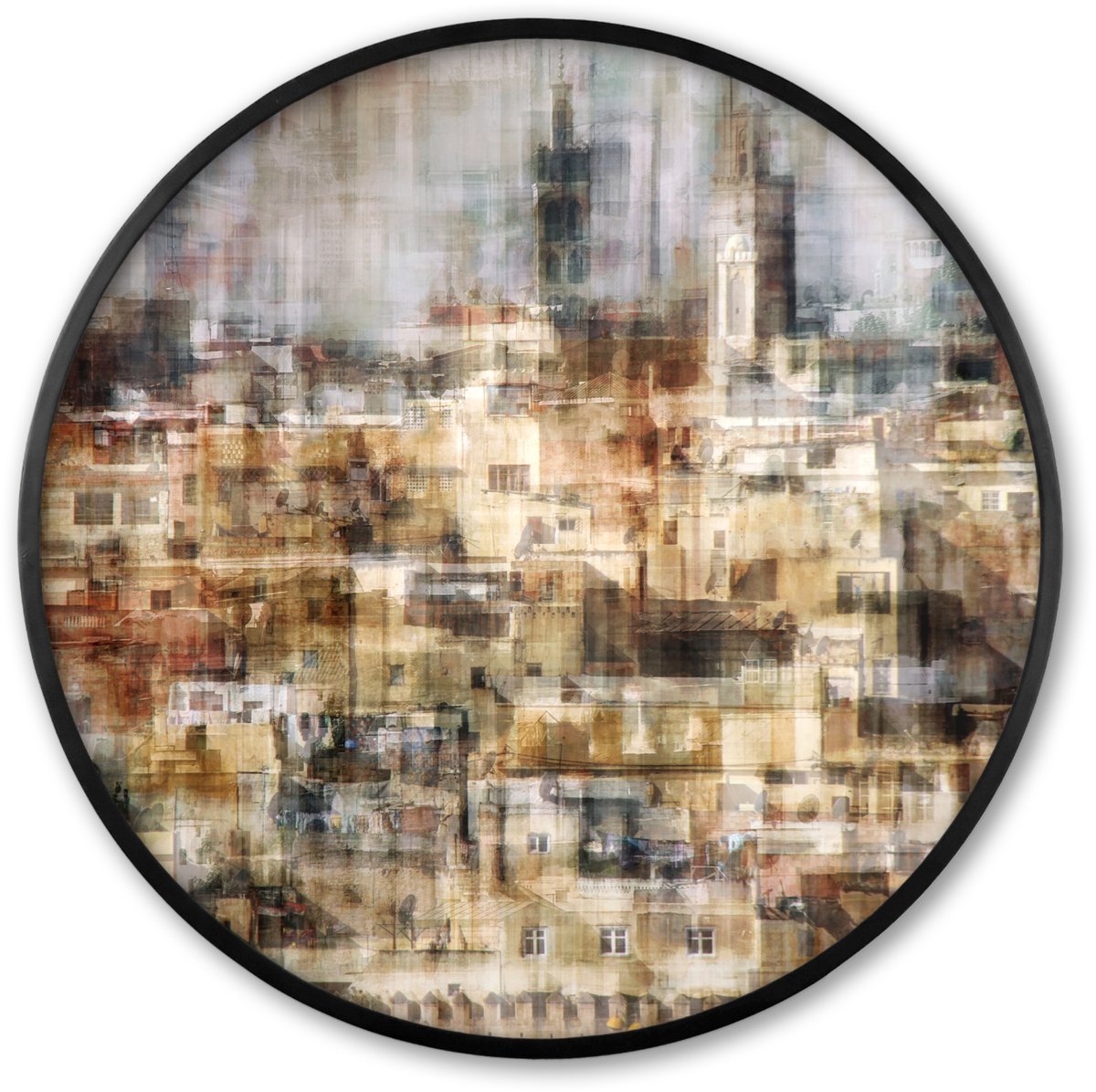 FrameYourWall Poster in lijst Rond - Fotolijst 80x80 cm - Posters - Stad - Kunst - Huizen - Beige - Ronde posterlijst zwart - Decoratie - Wanddecoratie woonkamer - Muurdecoratie slaapkamer Multicolor