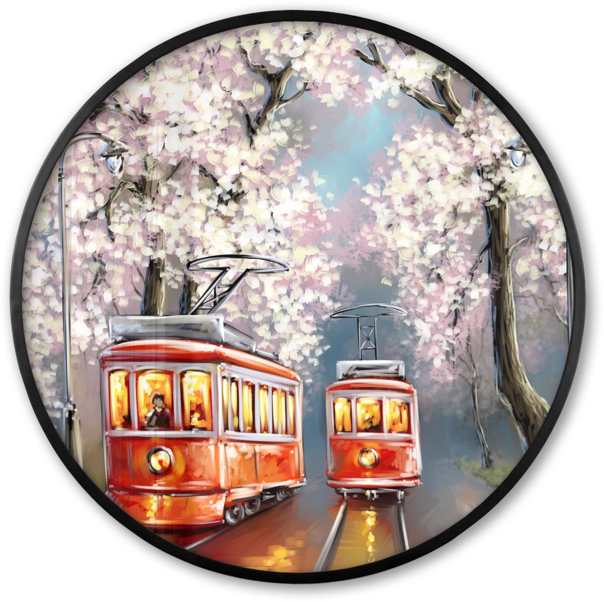 FrameYourWall Poster in lijst Rond - Fotolijst 80x80 cm - Posters - Schilderij - Olieverf - Tram - Bloesemboom - Ronde posterlijst zwart - Decoratie - Wanddecoratie woonkamer - Muurdecoratie slaapkamer Multicolor